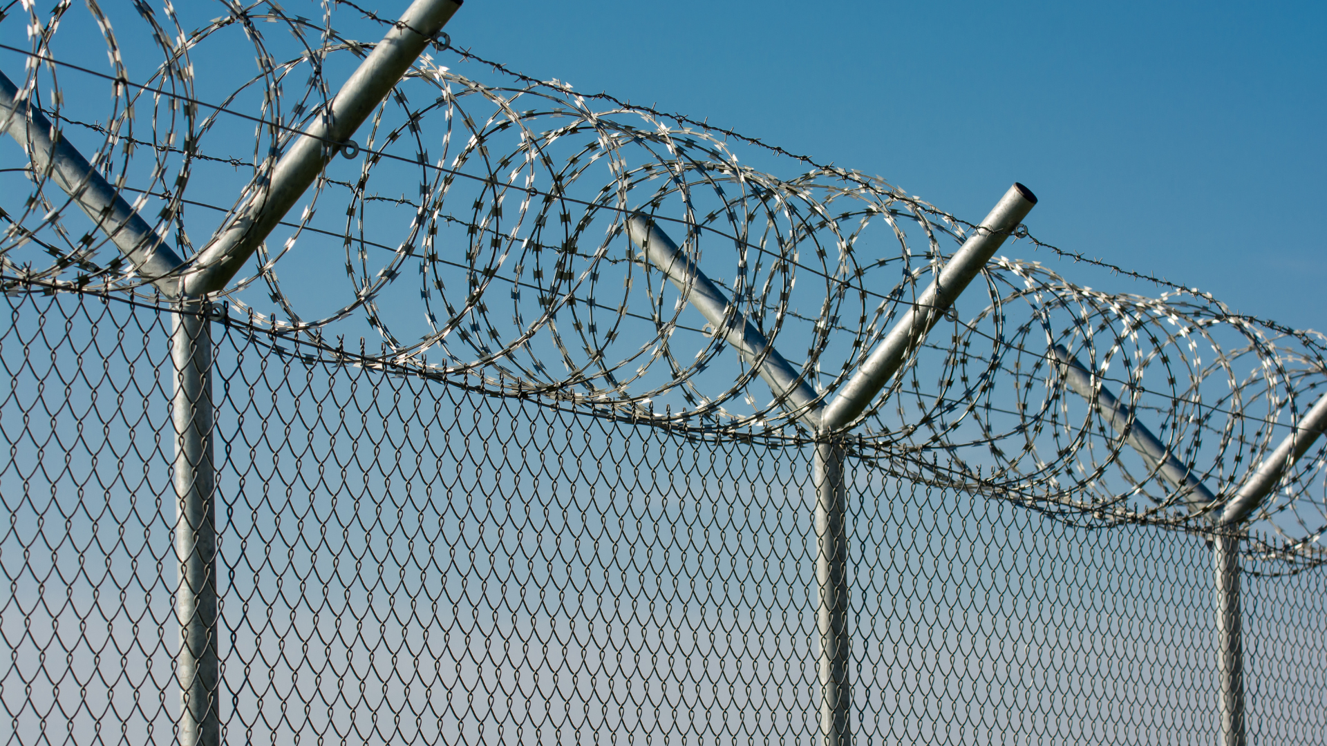A barbed wire fence with a blue sky in the background