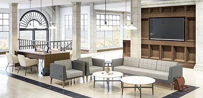 A living room with a couch , chairs , tables and a flat screen tv.