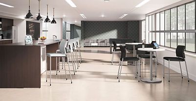 A large room with tables and chairs in it.