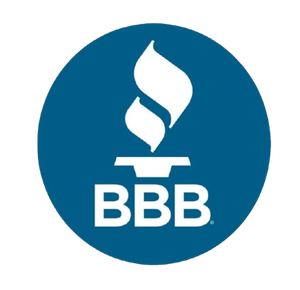 A blue circle with a white flame and the word bbb on it
