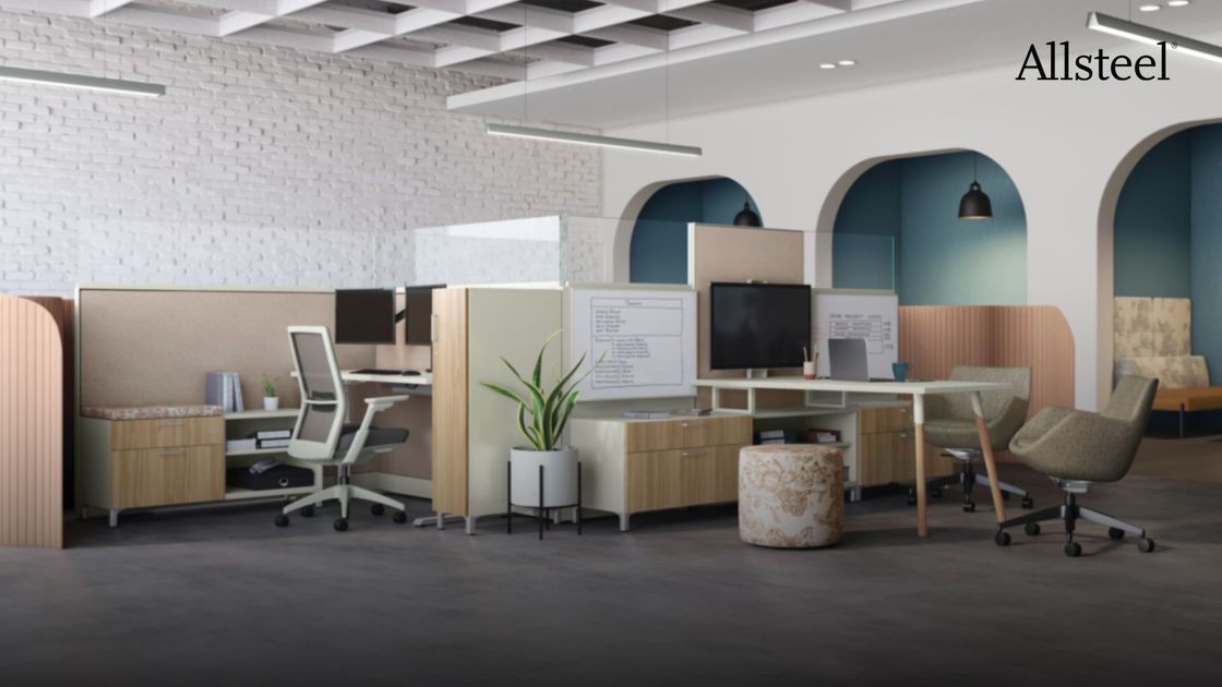 A computer generated image of an office with cubicles and desks.