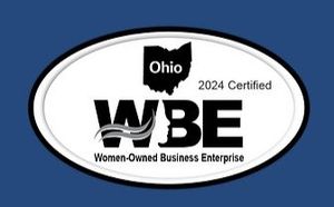 A ohio women owned business enterprise logo on a blue background