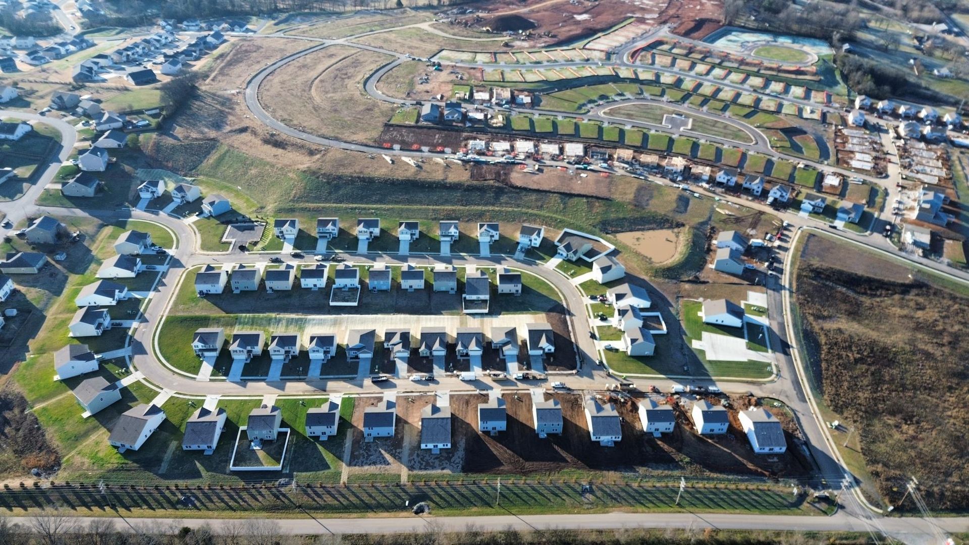 An aerial view of a residential area with lots of houses.