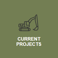 A line drawing of an excavator with the words `` current projects '' below it.