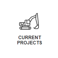 A line drawing of an excavator with the words `` current projects '' below it.