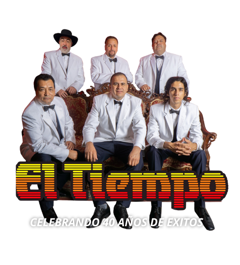 A group of men in white suits and bow ties are sitting in front of the el tiempo logo