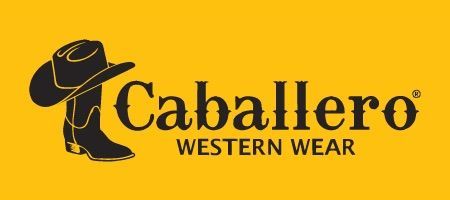 A logo for caballero western wear with a cowboy hat and boots on a yellow background.