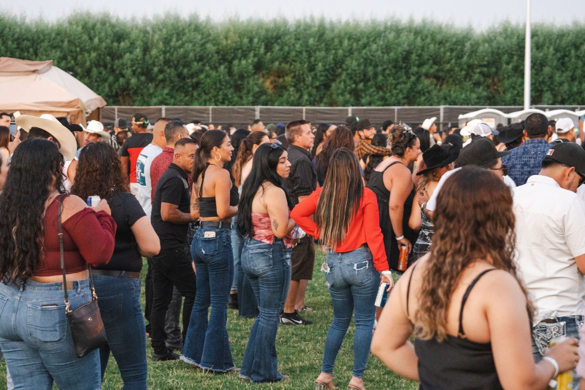 A large group of people are standing in a field.