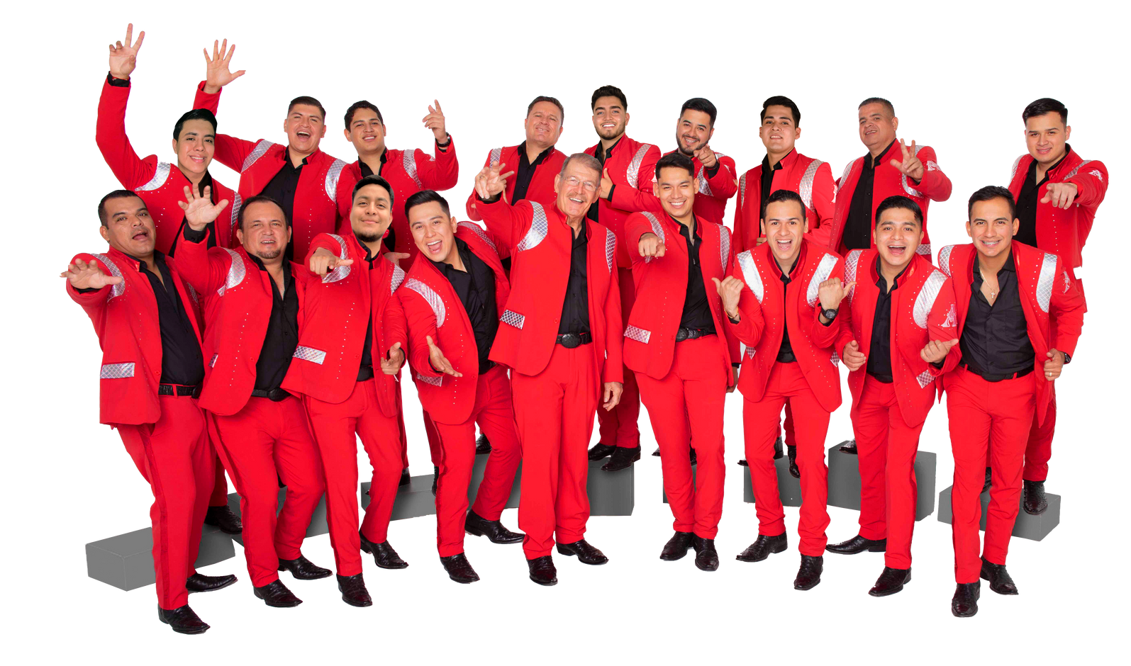 A group of men in red suits are posing for a picture.