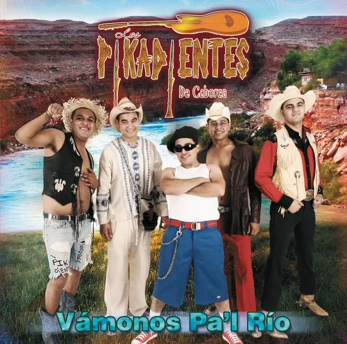 A group of men wearing cowboy hats are standing in front of a river