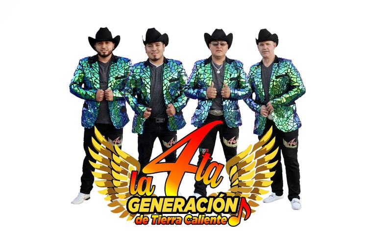 A group of men in cowboy hats are standing in front of a sign that says la generacion