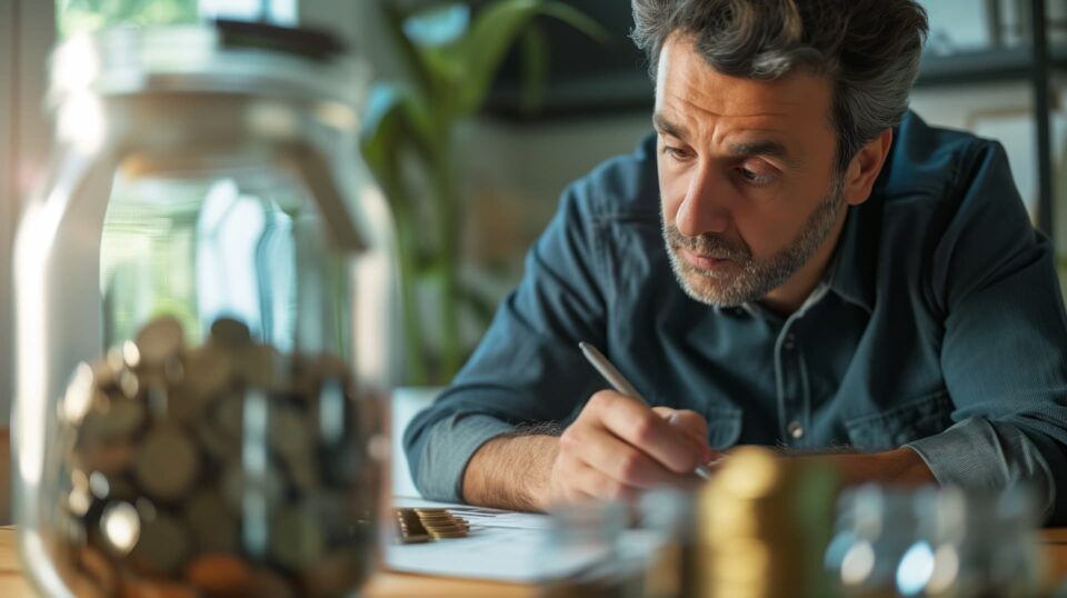 Man writing at a desk beside jars of coins in a softly lit room