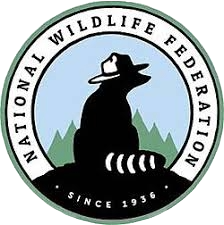 National Wildlife Federation logo: Bear wearing a hat, outlined in black, with mountains, sky, and text.