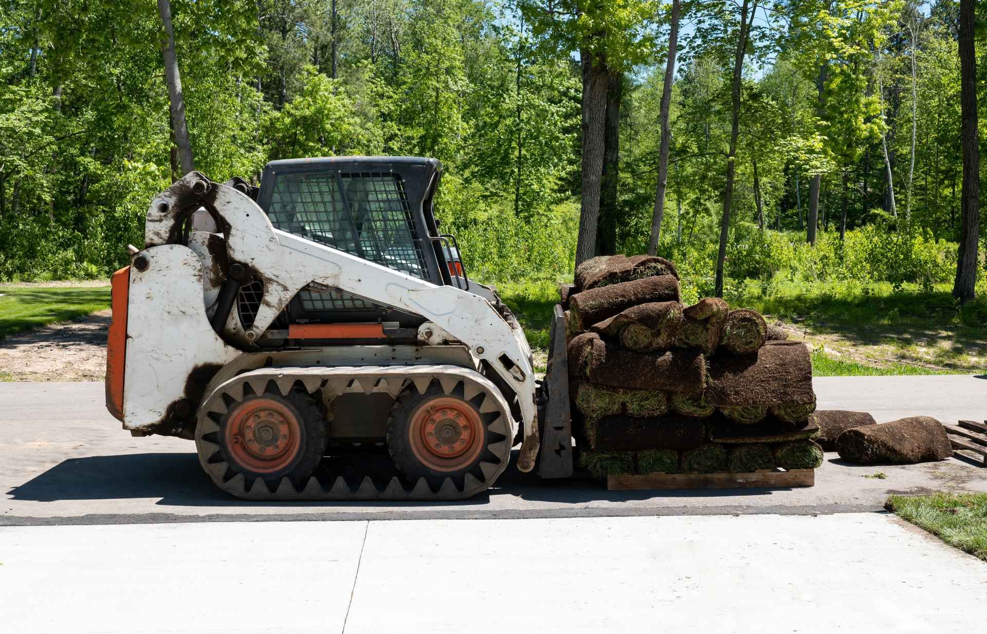 A bobcat is carrying a pile of grass on a pallet.