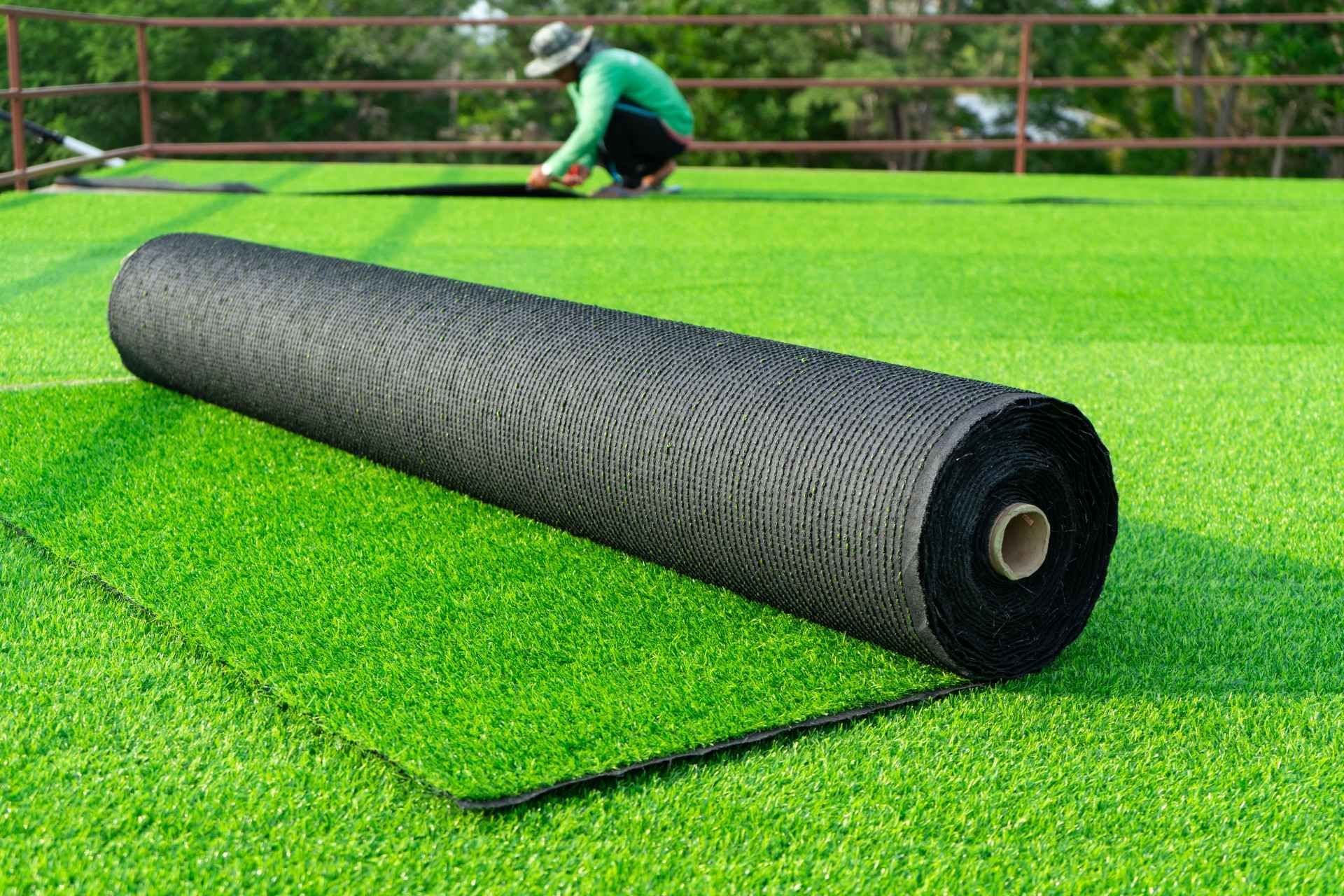 A roll of artificial grass is being installed on a soccer field.