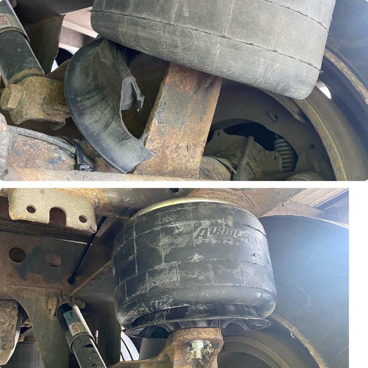 A close up of a suspension system on a vehicle