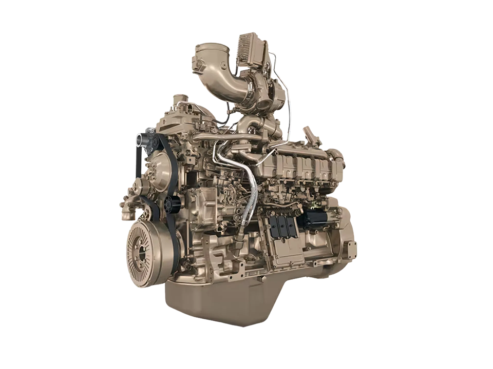 Moteur diesel industriel couleur sable, avec divers composants et tuyauterie.