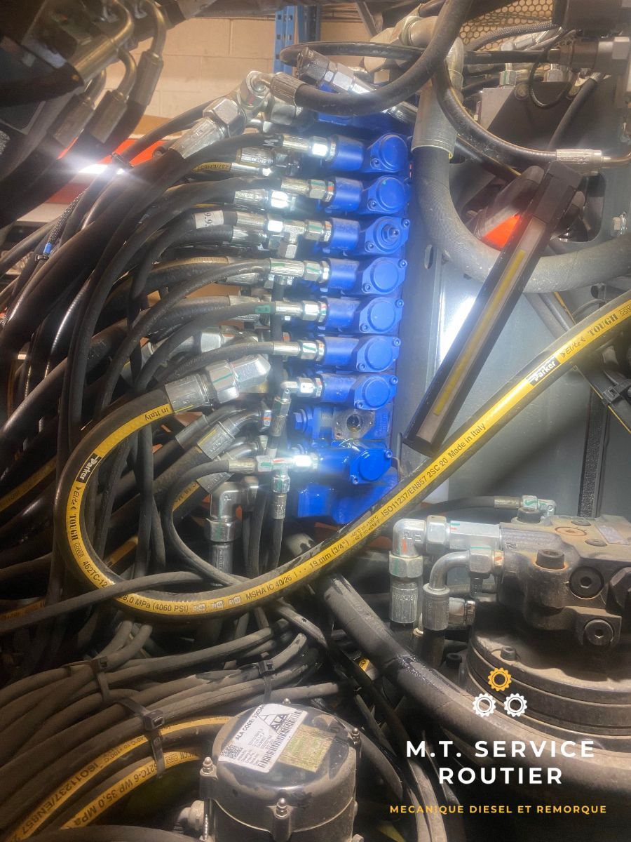 A bunch of hydraulic hoses are connected to a machine
