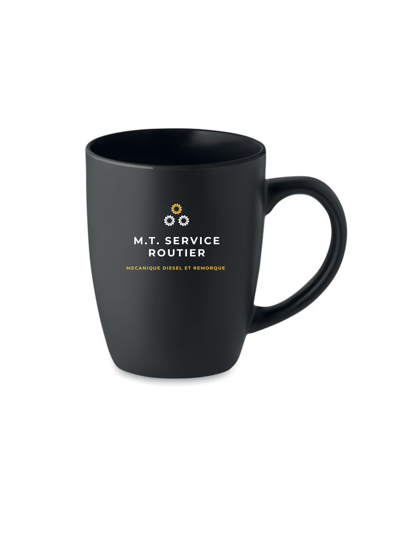 Black ceramic mug with a handle and logo for M.T. Service Router.
