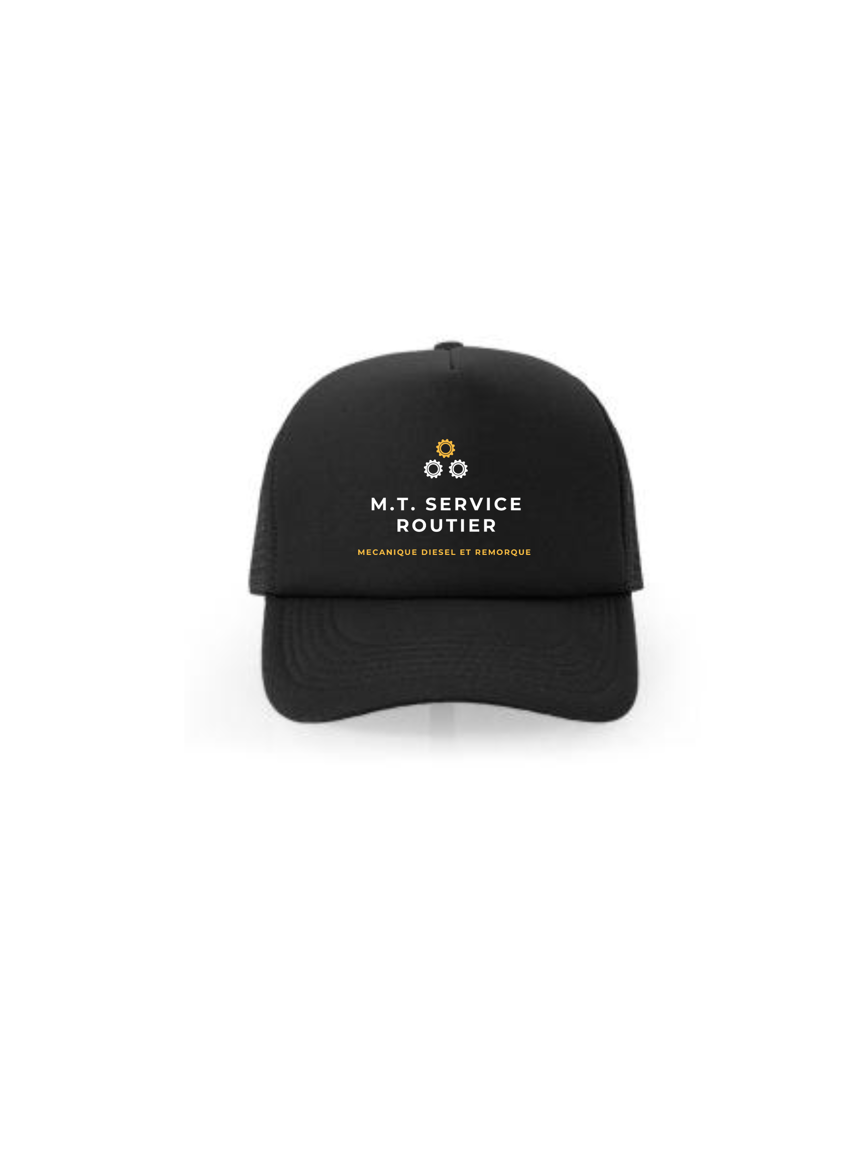 Black baseball cap with gold and white logo: 