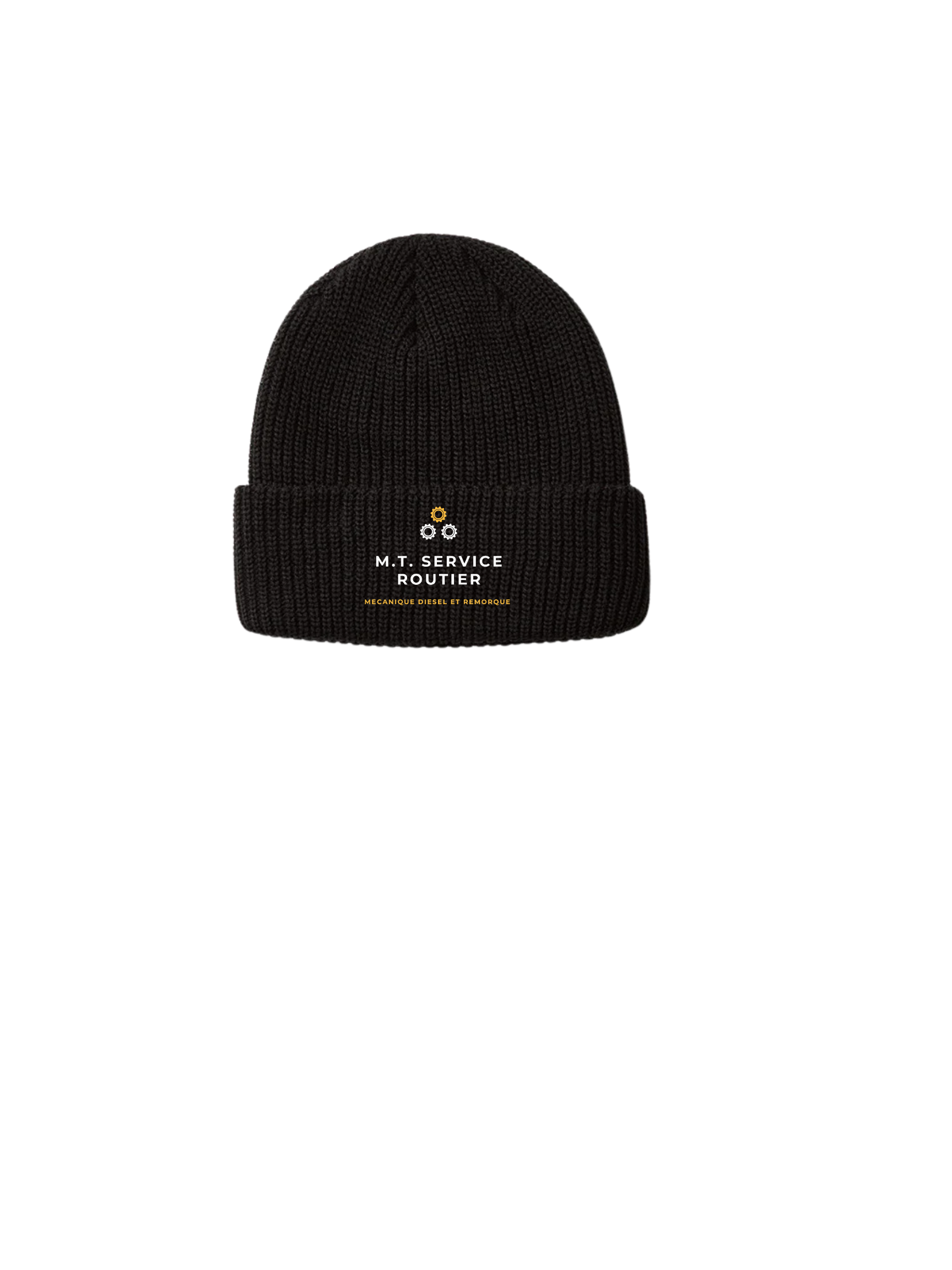 Black knit beanie with logo and text.