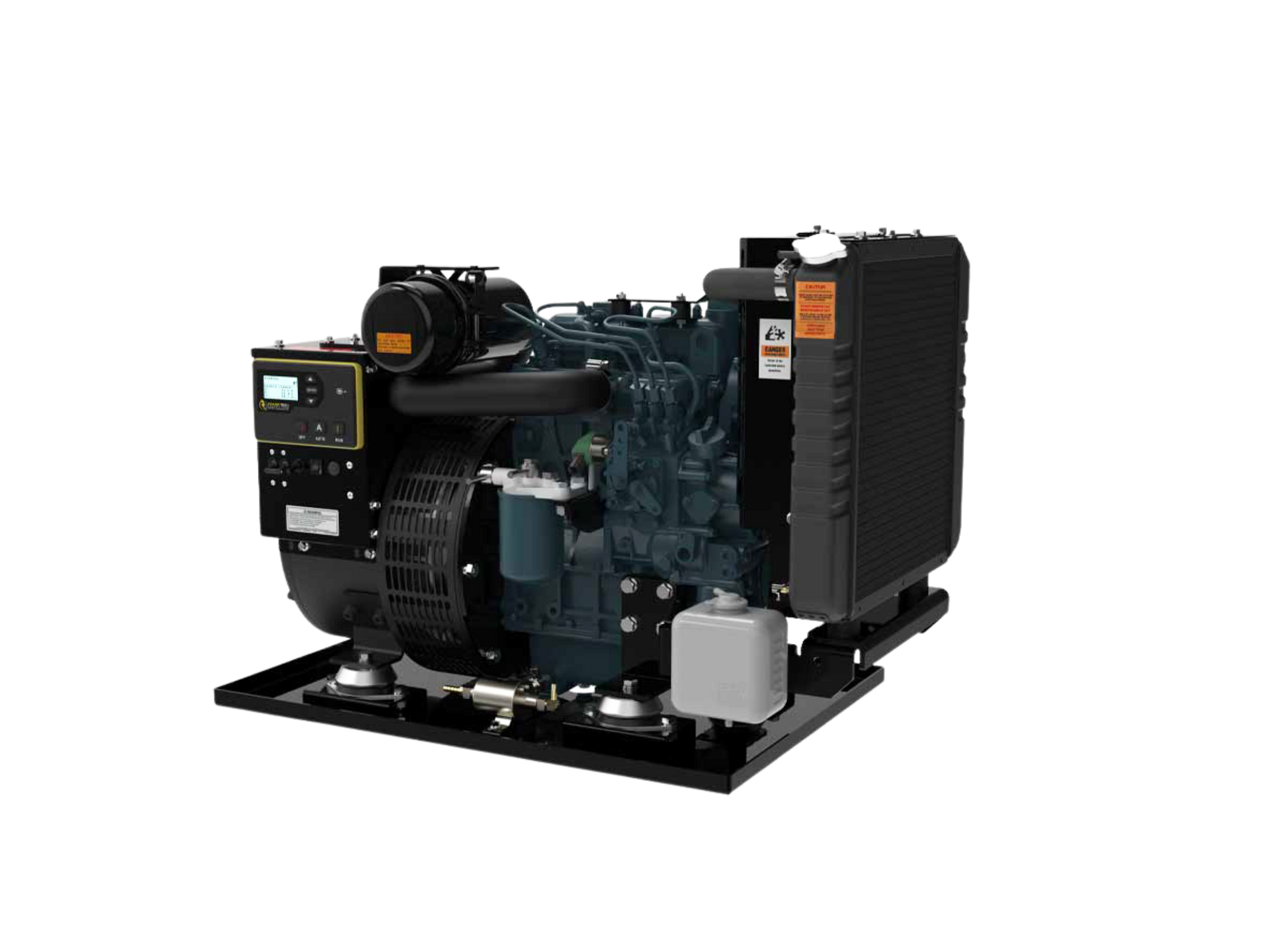 Diesel generator on a black base, with a blue engine, black components, and a radiator.