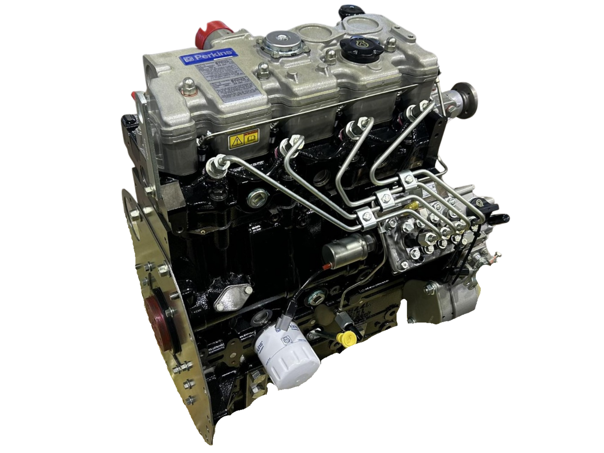 Diesel engine, black and silver, with fuel lines and a filter, angled view.