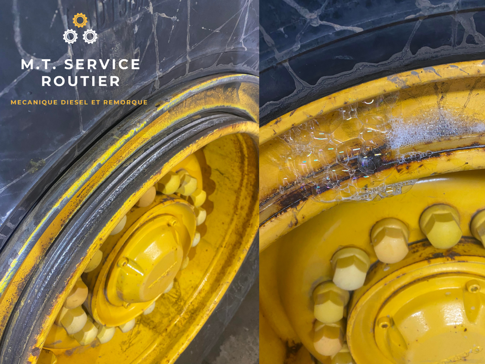 A close up of a yellow wheel and a close up of a yellow tire.