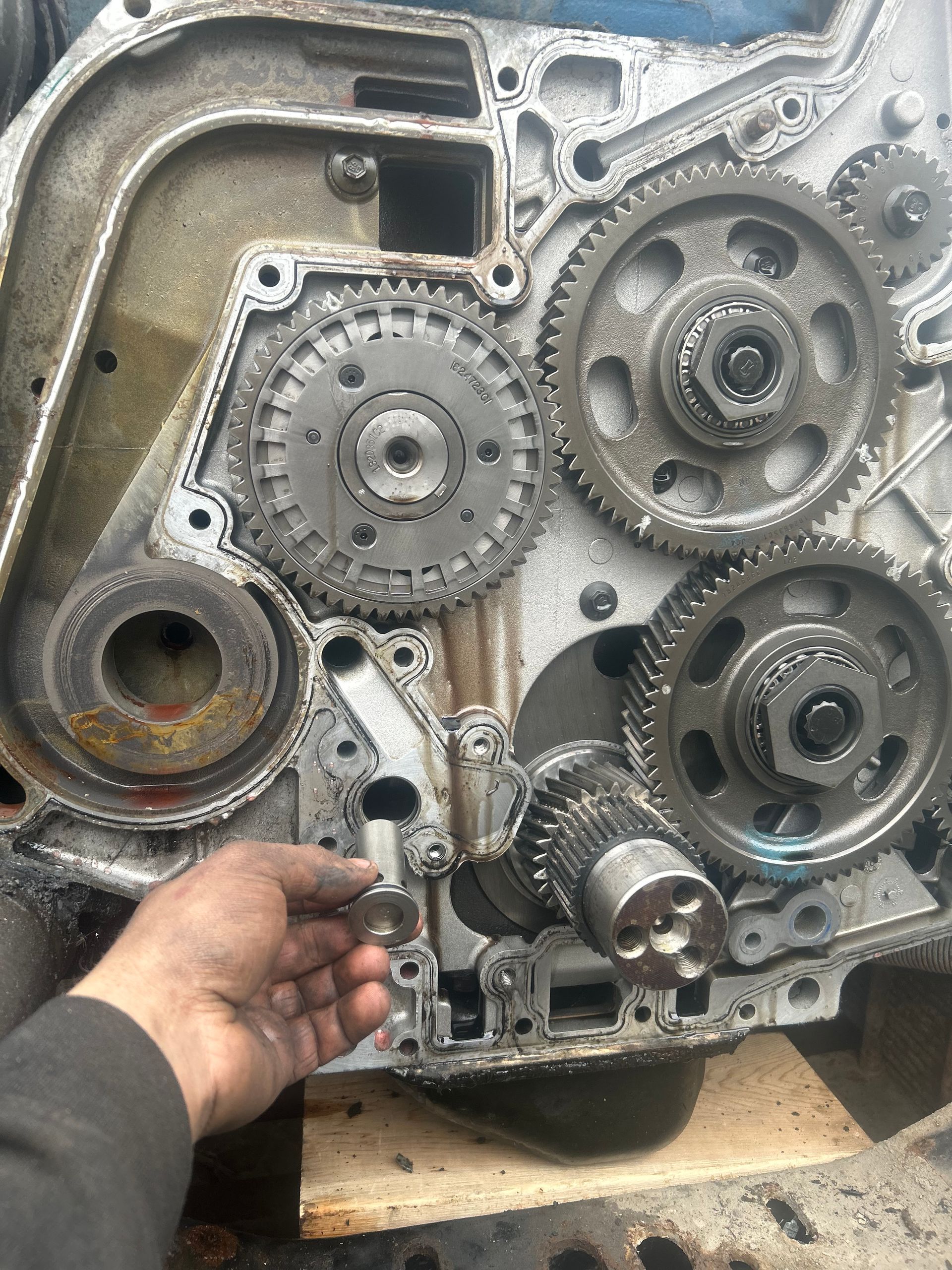 Gros plan d'un bloc moteur à plusieurs engrenages. Une main tient une petite pièce près d'un engrenage.