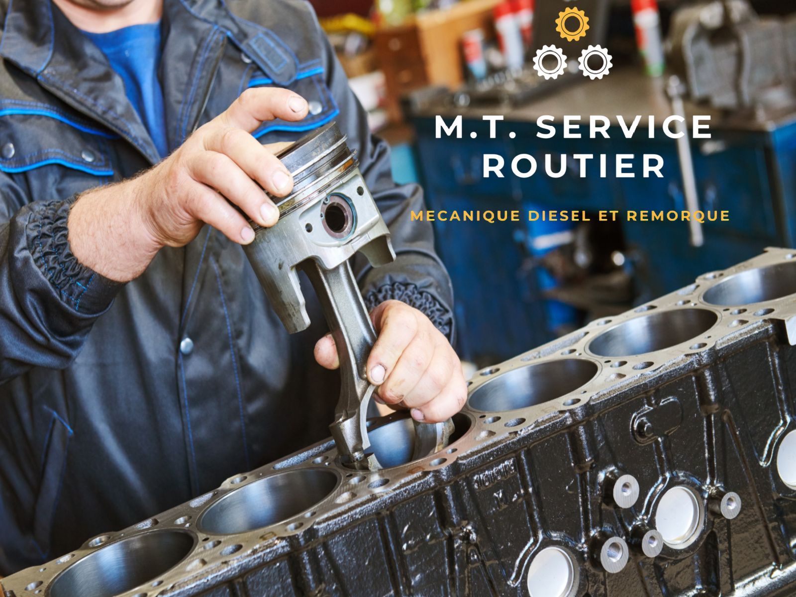 A man is working on a piston in a garage.