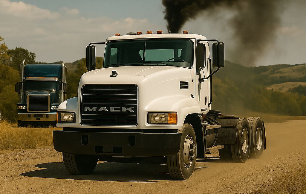 Camion Mack blanc sur un chemin de terre, émettant de la fumée noire, un autre camion en arrière-plan.