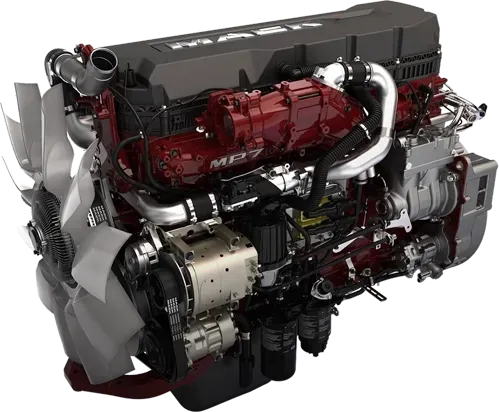 A red and black engine with a fan attached to it on a white background.