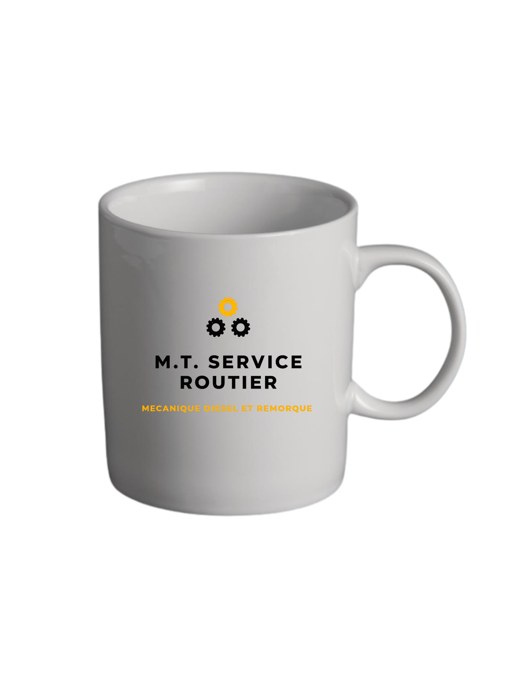 Mug blanc avec logo noir et jaune « MT SERVICE ROUTIER ».