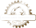 Logo with a gear outline, excavator silhouette, and text "Henson Land Management EST. 2025."