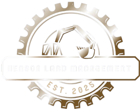 Logo with a gear outline, excavator silhouette, and text "Henson Land Management EST. 2025."