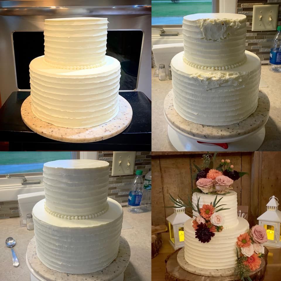 Mix It Up! custom wedding cakes 2 tier cake with white frosting with pink and purple flowers flowers on it collage