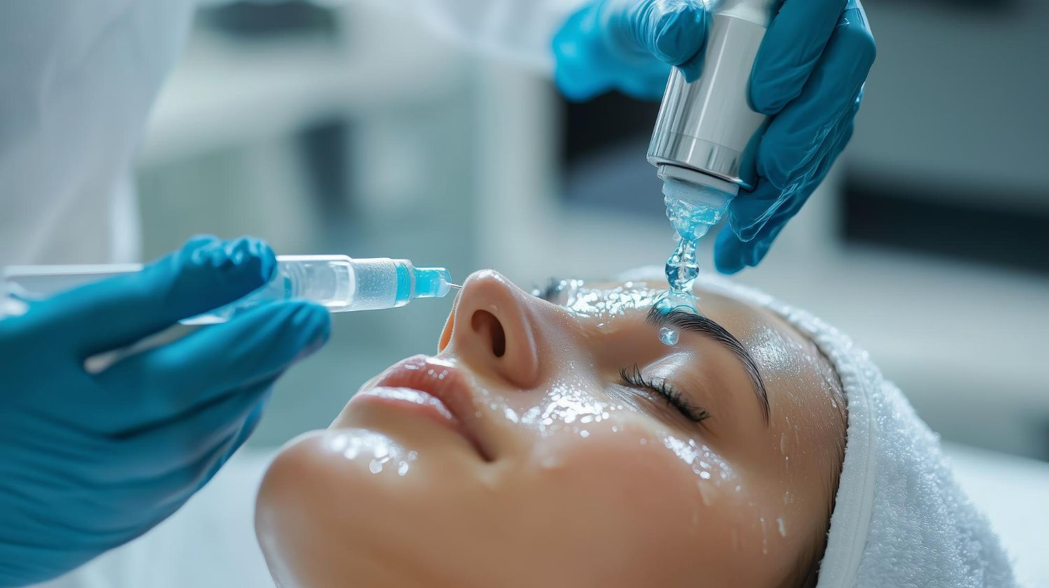 A woman receiving a facial treatment, with gloved hands applying liquid to her face.