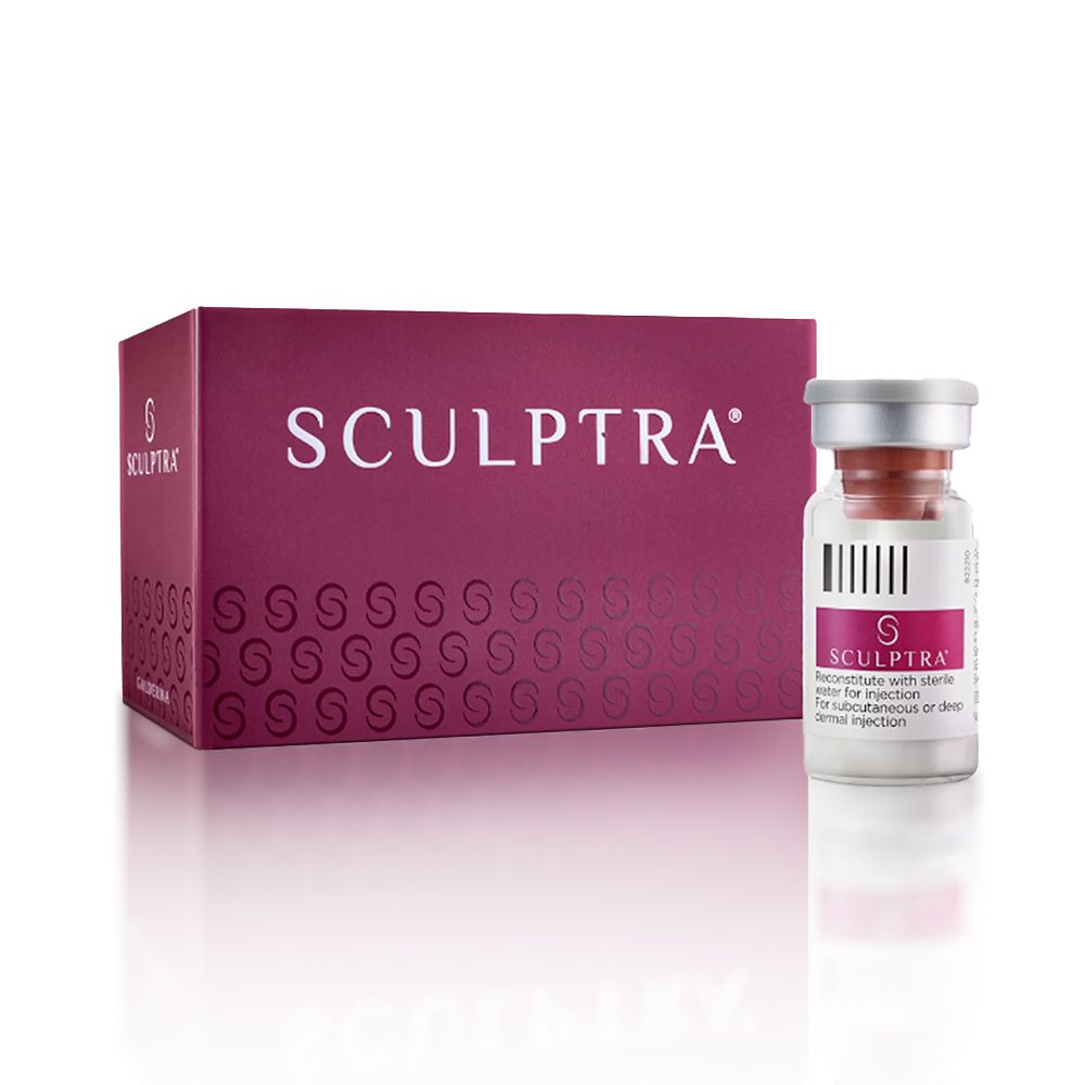 A box of sculptra s is sitting on a white surface.