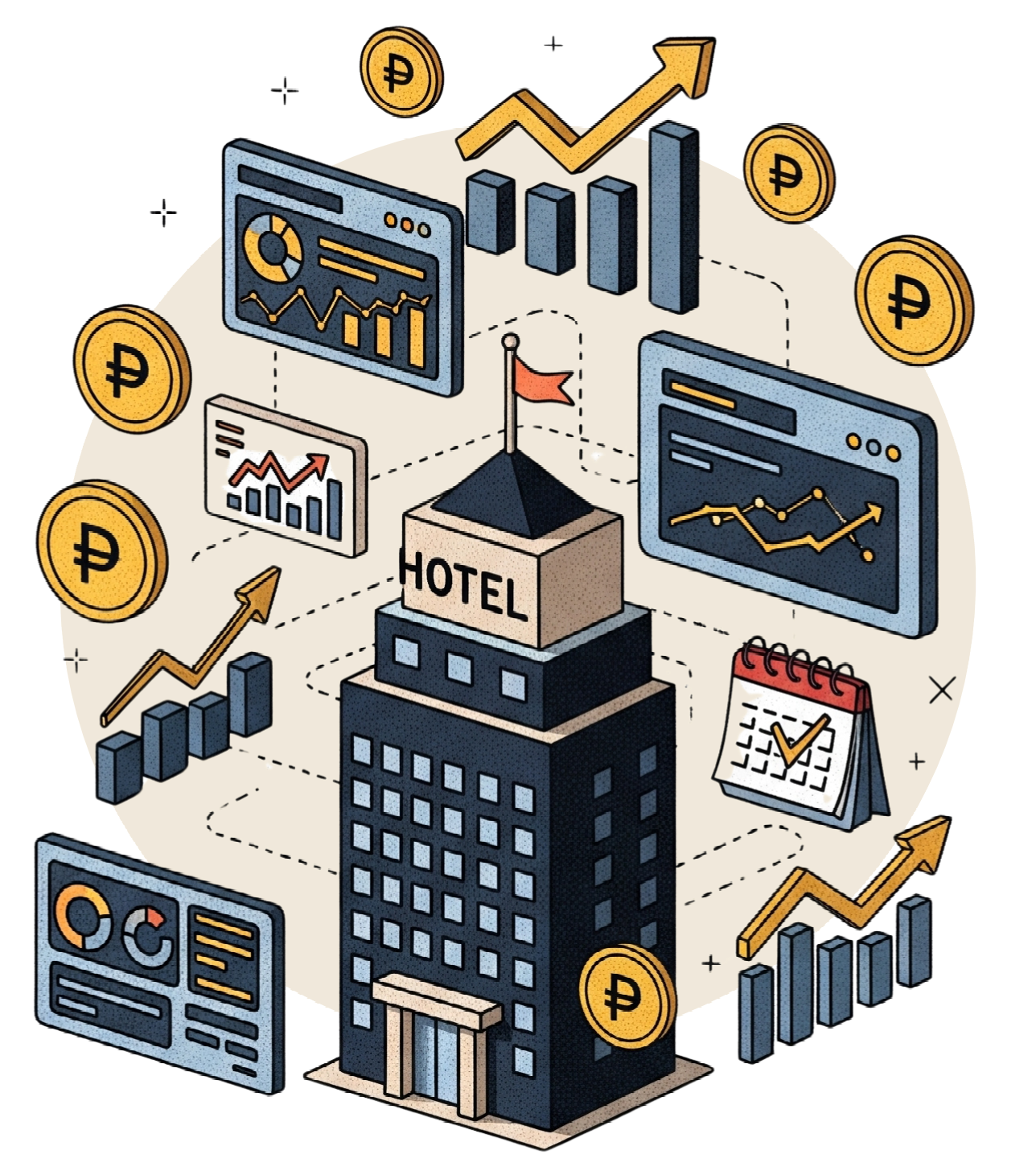 hotel marketing success with rising graphs, ad dashboards, and campaign planning icons representing measurable growth and high ROAS.