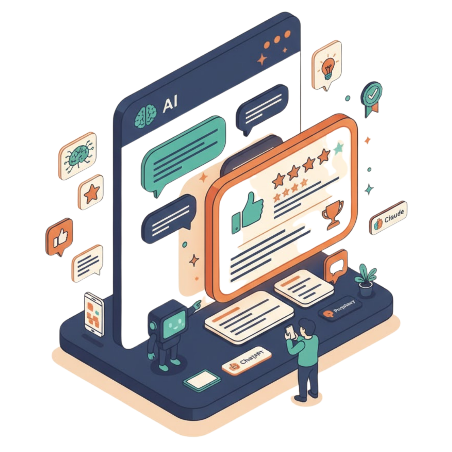 An illustration of an AI chatbot interface with customer reviews and a person interacting.