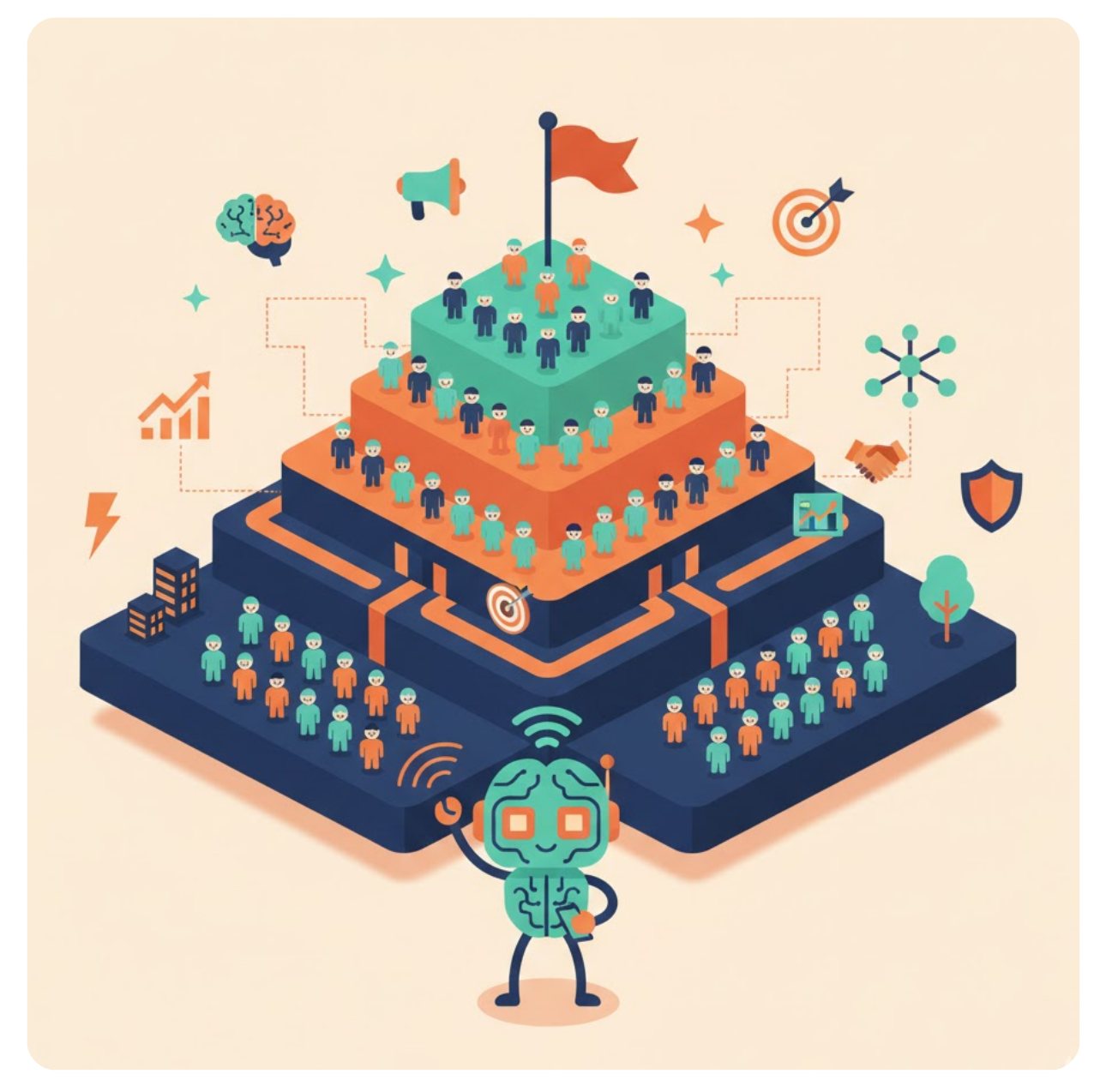 Smiling robot with a star, surrounded by icons of ideas, success, and AI, in a circle.