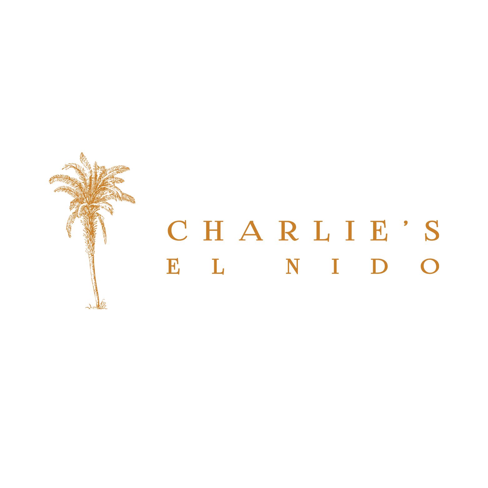 Logo for Charlie's El Nido with a stylized palm tree in gold to the left of the text.