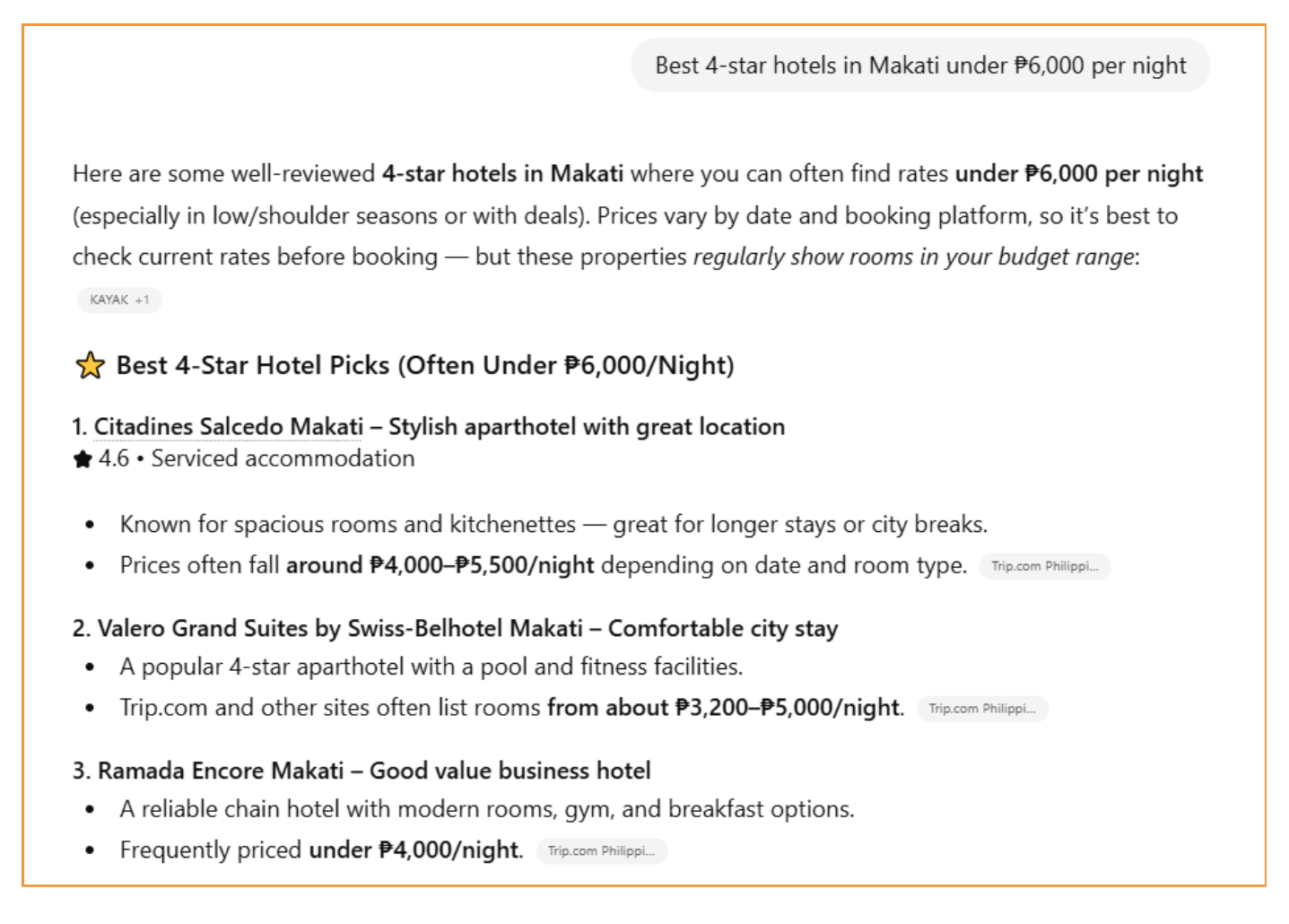 List of 3 best 4-star hotels in Makati under P6,000 per night.