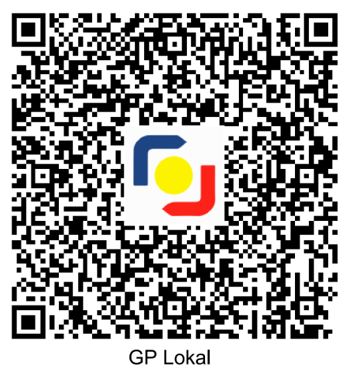 QR code for GP Lokal, a service with a logo of blue and red curved shapes around a yellow circle.