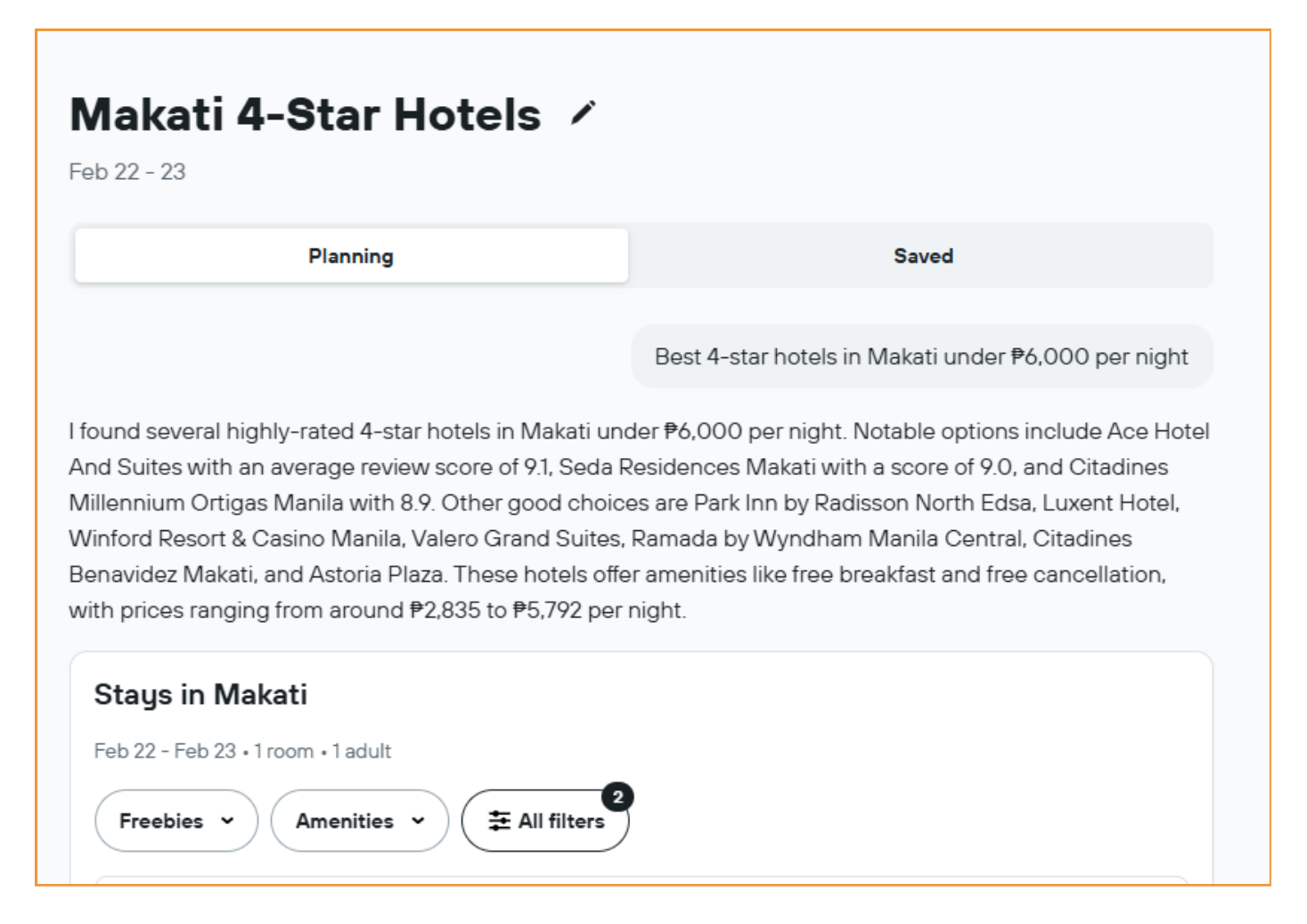 Makati 4-star hotel list showing options like Ace Hotel and Gurtos, with price details.
