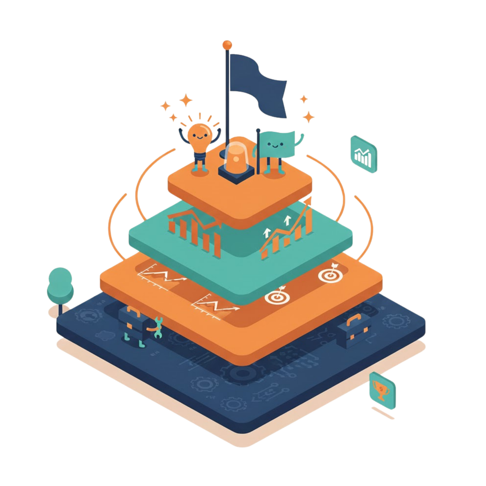 Isometric pyramid illustrating a goal. Layers with characters, flag, charts, and targets. Orange, teal, and blue colors.