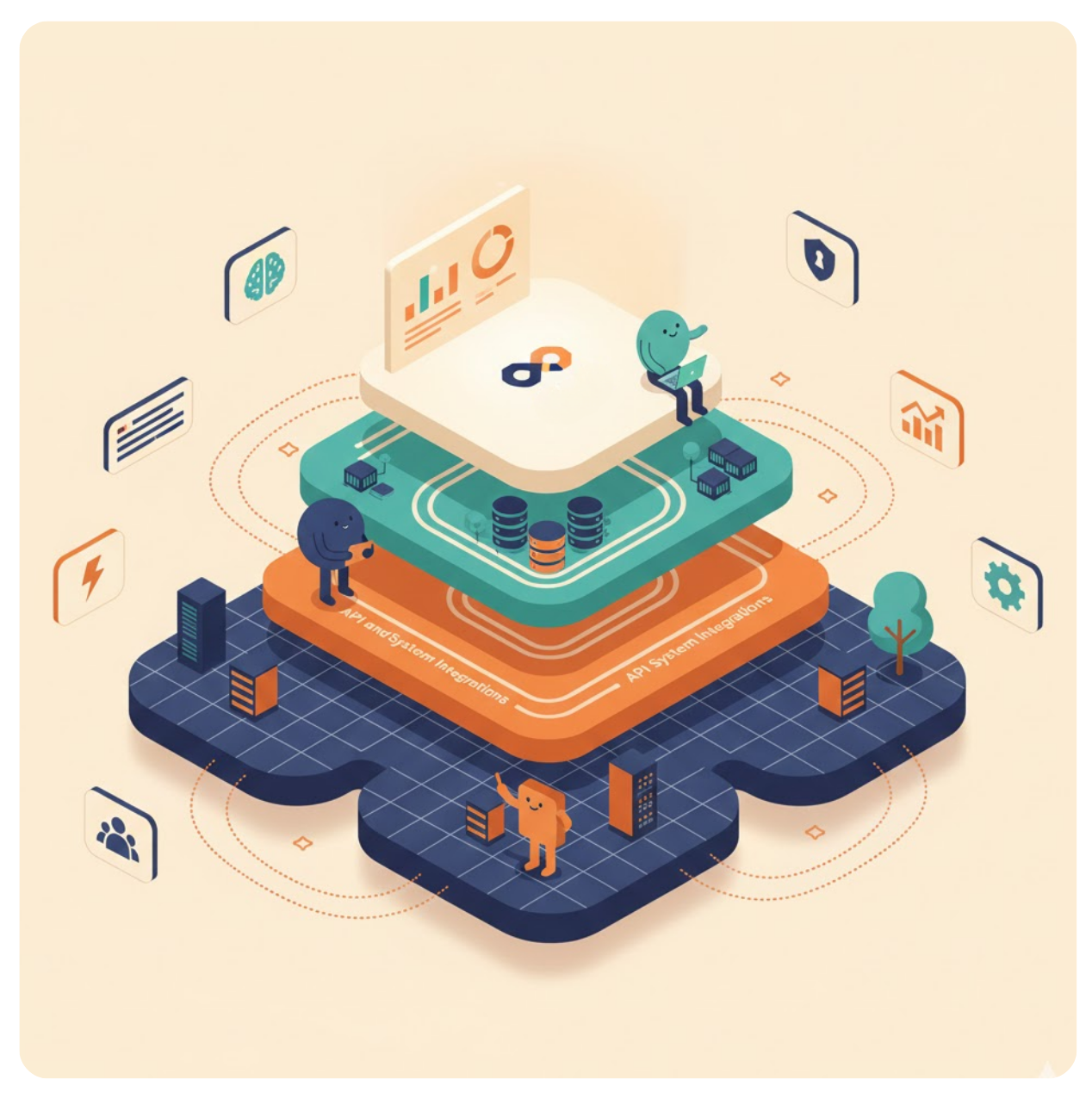 Isometric illustration of a data processing system with workers, charts, and servers in orange, blue, and white.