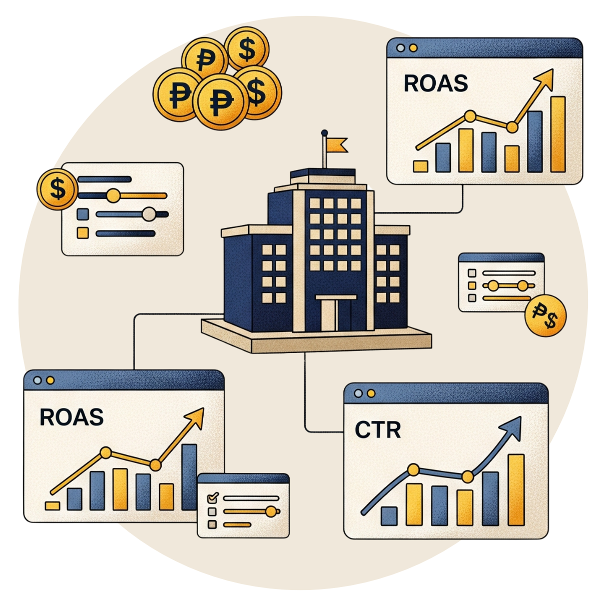 Performance marketing graphic showing hotel ad metrics. LOKAL’s data-driven approach to increasing direct bookings through paid campaigns.