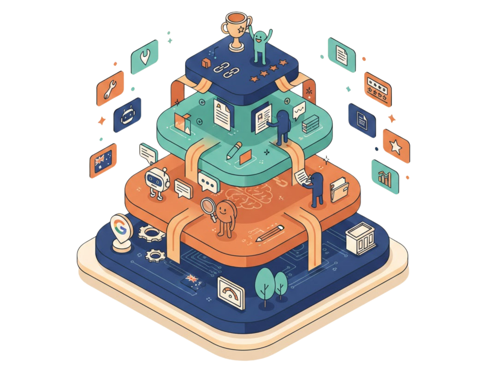Pyramid diagram with levels representing progress; people interacting with tools, culminating in a trophy.