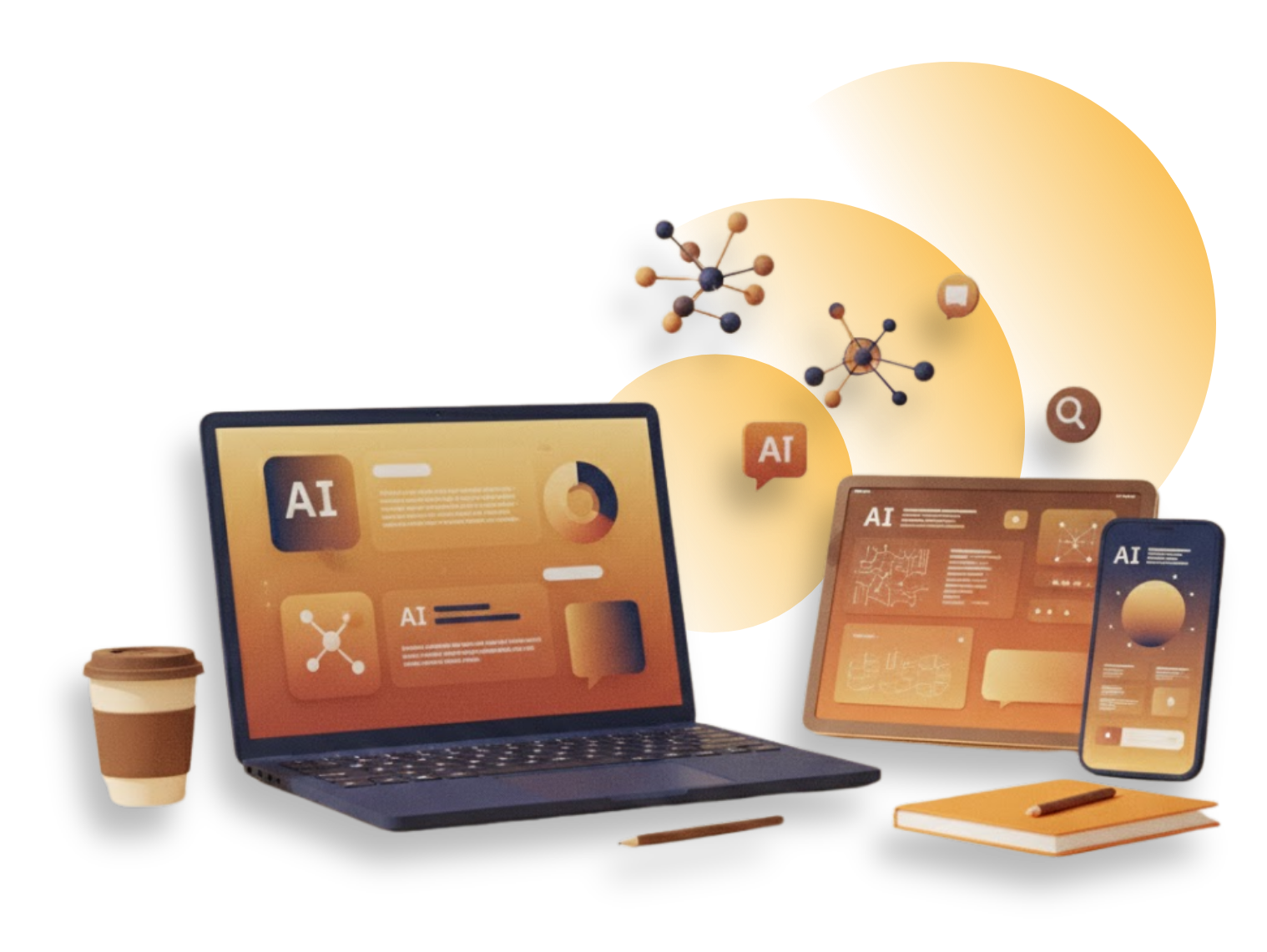 Laptop, tablet, and smartphone displaying AI-related graphics. Coffee cup and notebook present. Orange and brown tones.